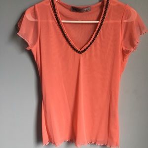 Melanie Lyne Sheer Beaded V-Neck Sheer Blouse